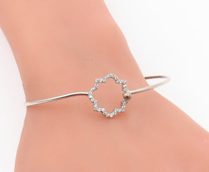 925 Sterling Silver  Shiny Topaz Open Flower Motif Bangle Bracelet  BT5254