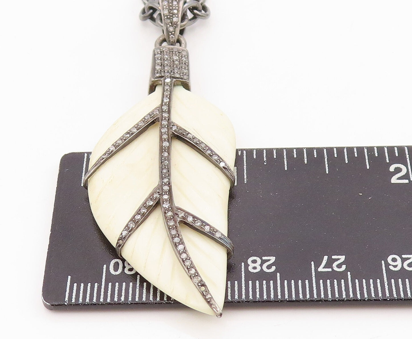 925 Sterling Silver Vintage Necklace Dark Tone Diamonds Inlay Leaf Carved NE4450