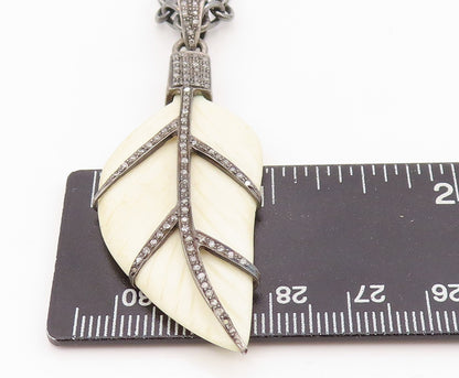 925 Sterling Silver Vintage Necklace Dark Tone Diamonds Inlay Leaf Carved NE4450