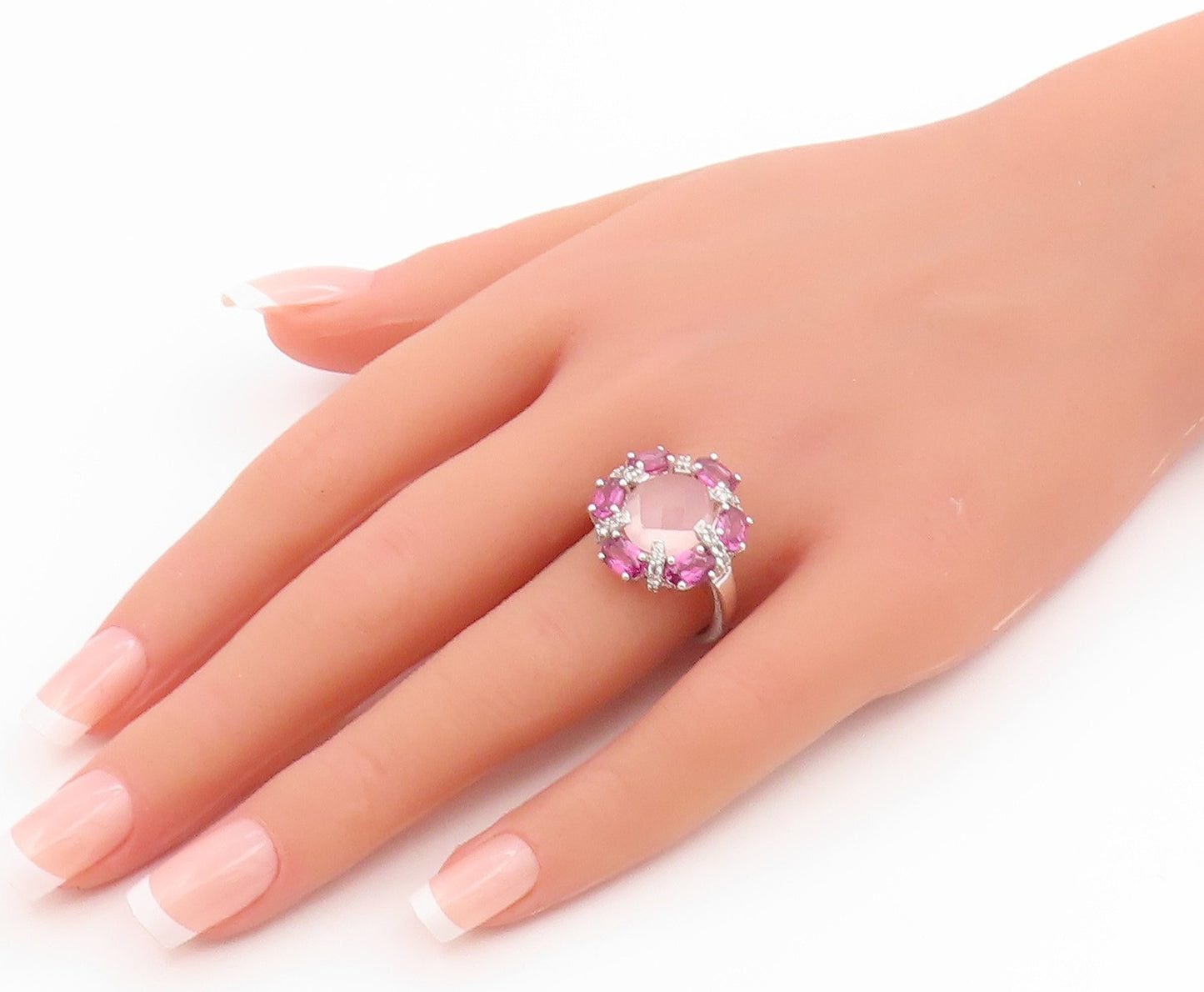 925 Sterling Silver Vintage Ring Rose Quartz & Topaz Floral Band  Sz 8  RG35777