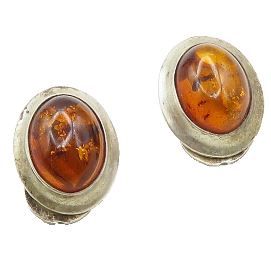 POLAND 925 Silver  Vintage Cabochon Cut Amber Non Pierce Earrings  EG9739