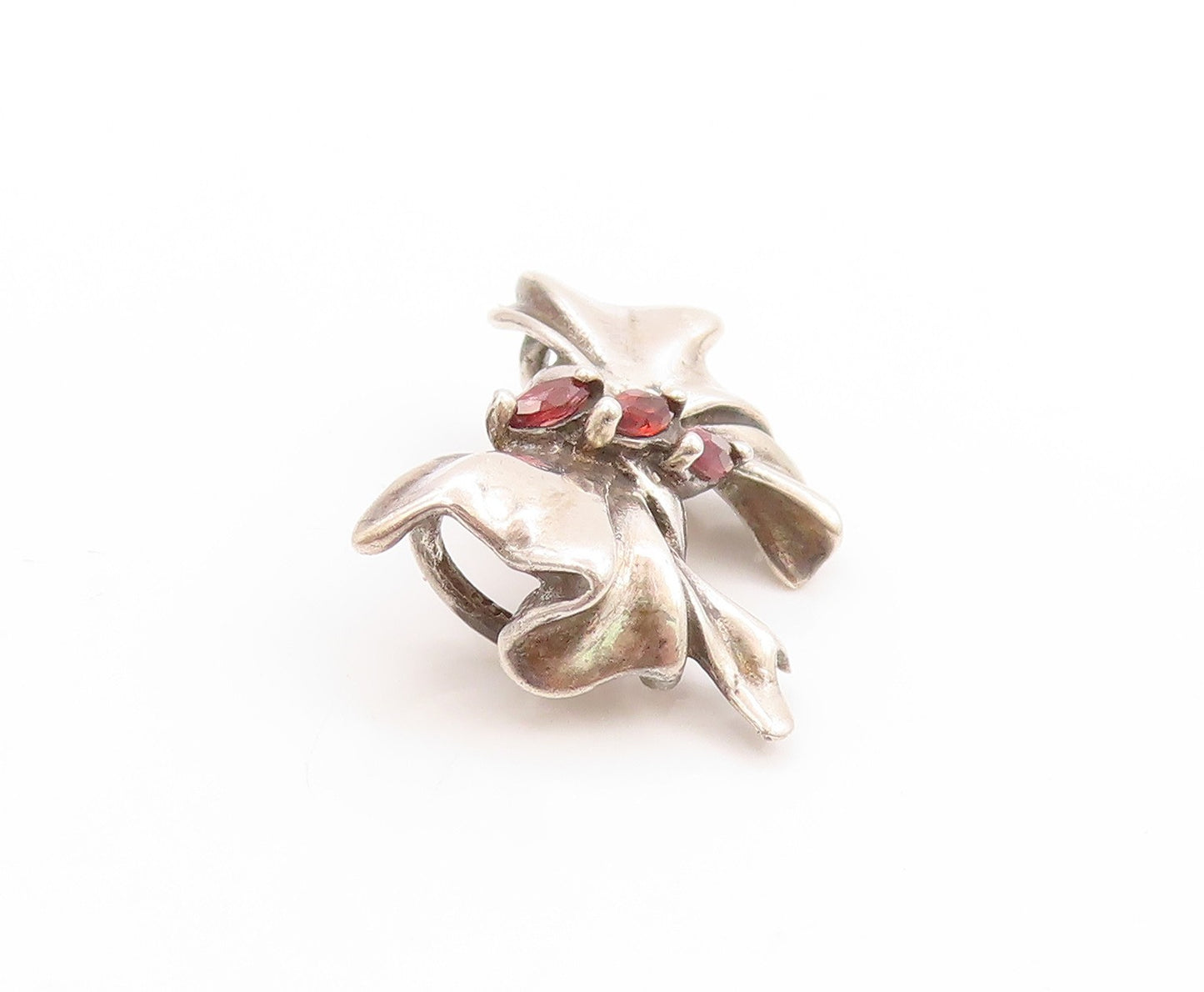 925 Sterling Silver Vintage Pendant Three Stone Garnet Ribbon Bow Charm  PT25033