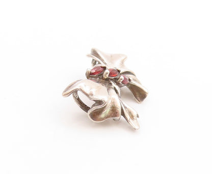 925 Sterling Silver Vintage Pendant Three Stone Garnet Ribbon Bow Charm  PT25033