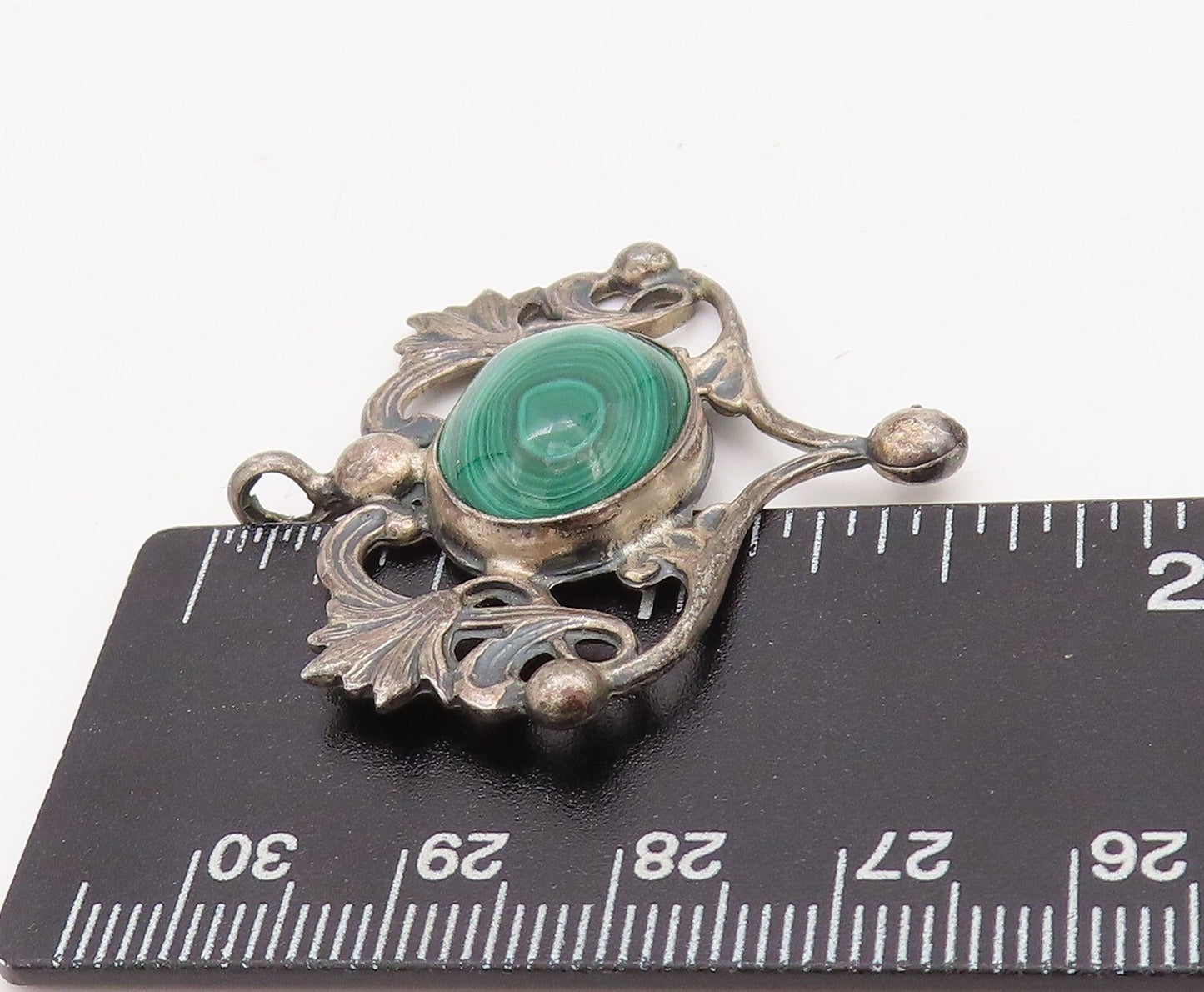 925 Sterling Silver Vintage Pendant TERNER Floral Oval Malachite Heart  PT23493