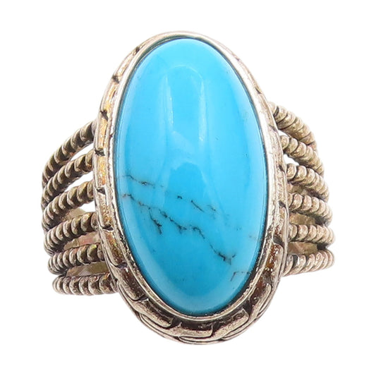 925 Sterling Silver Vintage Ring Cabochon Turquoise Statement Band Sz 8 RG34740
