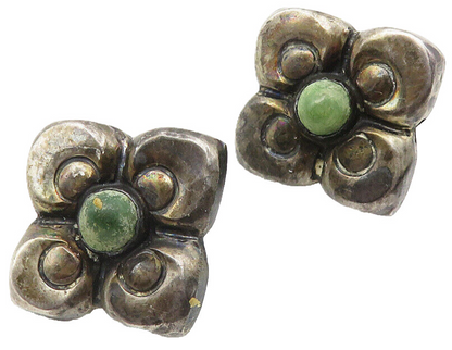MEXICO 925 Silver  Vintage Antique Turquoise Flower Non Pierce Earrings EG5841