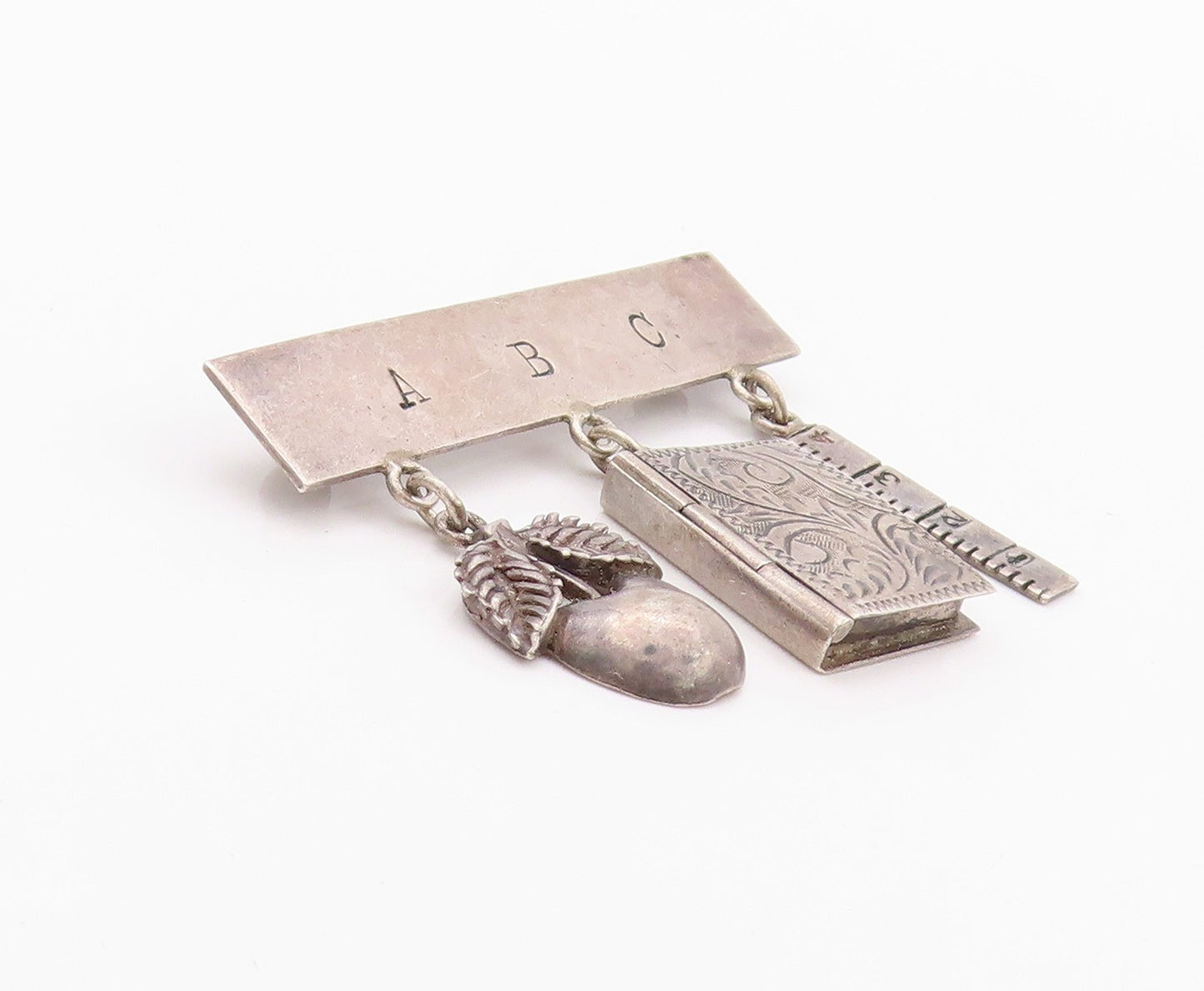 925 Sterling Silver Vintage Brooch GFMW Dangling Book Nut Scale Charm  BP11570