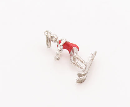 925 Sterling Silver Vintage Pendant Solid 3D Carved Enameled Skiing Girl PT23044