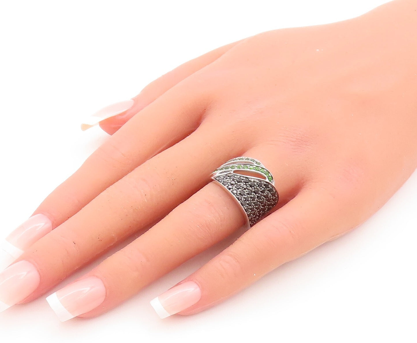 925 Sterling Silver Vintage Ring Designer Green CZ & Spinel Inlay  Sz 6 RG29563