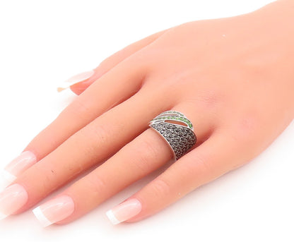 925 Sterling Silver Vintage Ring Designer Green CZ & Spinel Inlay  Sz 6 RG29563