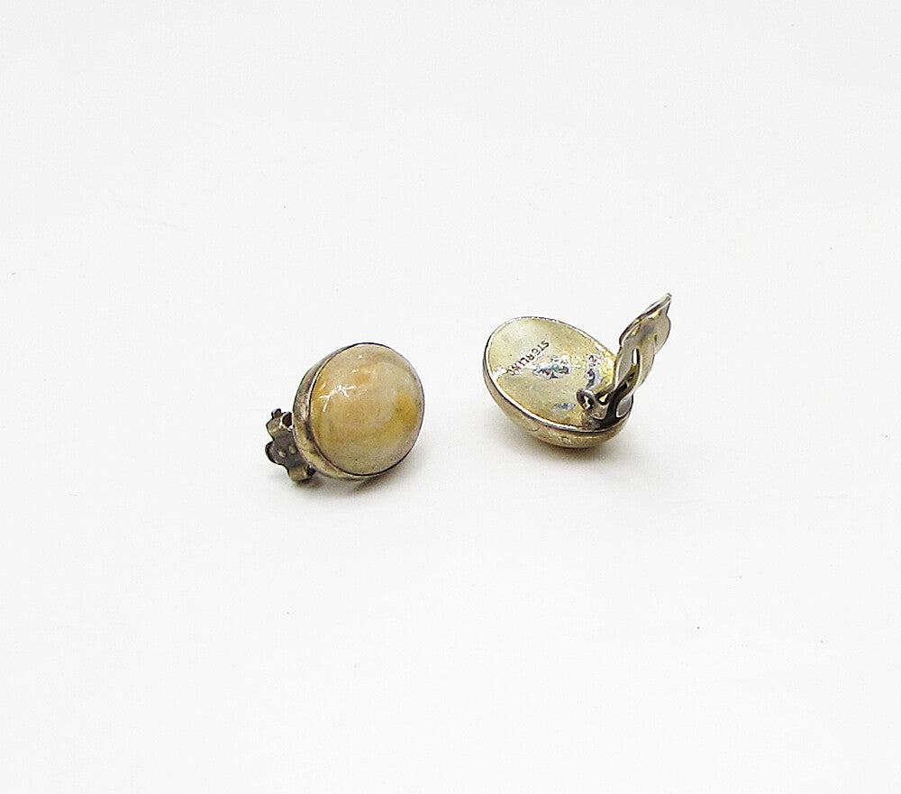 925 Sterling Silver  Vintage Cabochon Cut Gemstone Clip On Earrings  EG1894