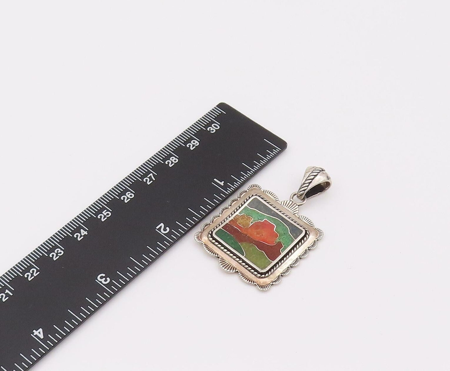 CAROLYN POLLACK 925 Silver  Vintage Inlay Landscape Square Pendant  PT22174