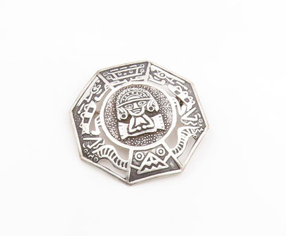 925 Sterling Silver Vintage Brooch PERU Aztec Andean Deity Octagonal Pin BP12010