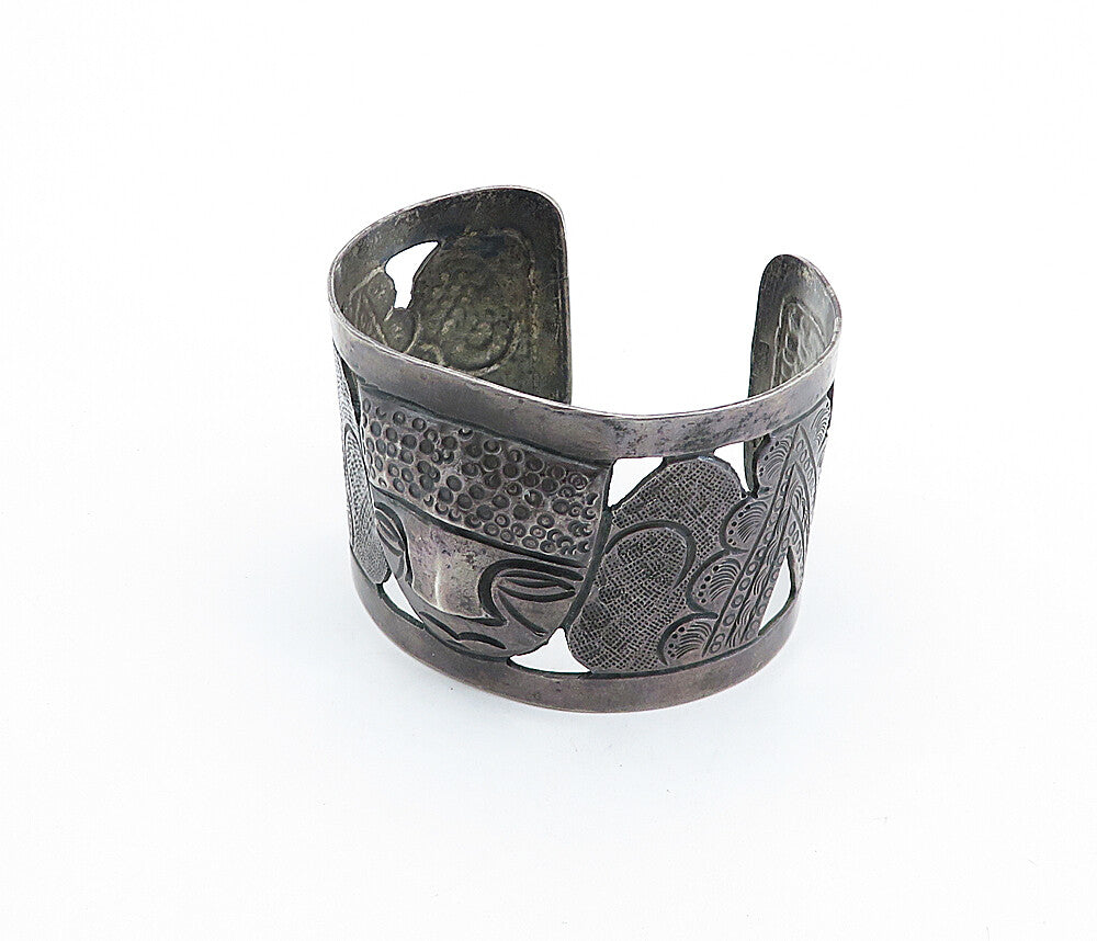 925 Sterling Silver Vintage Antique Oxidized Carved Face Cuff Bracelet BT2059