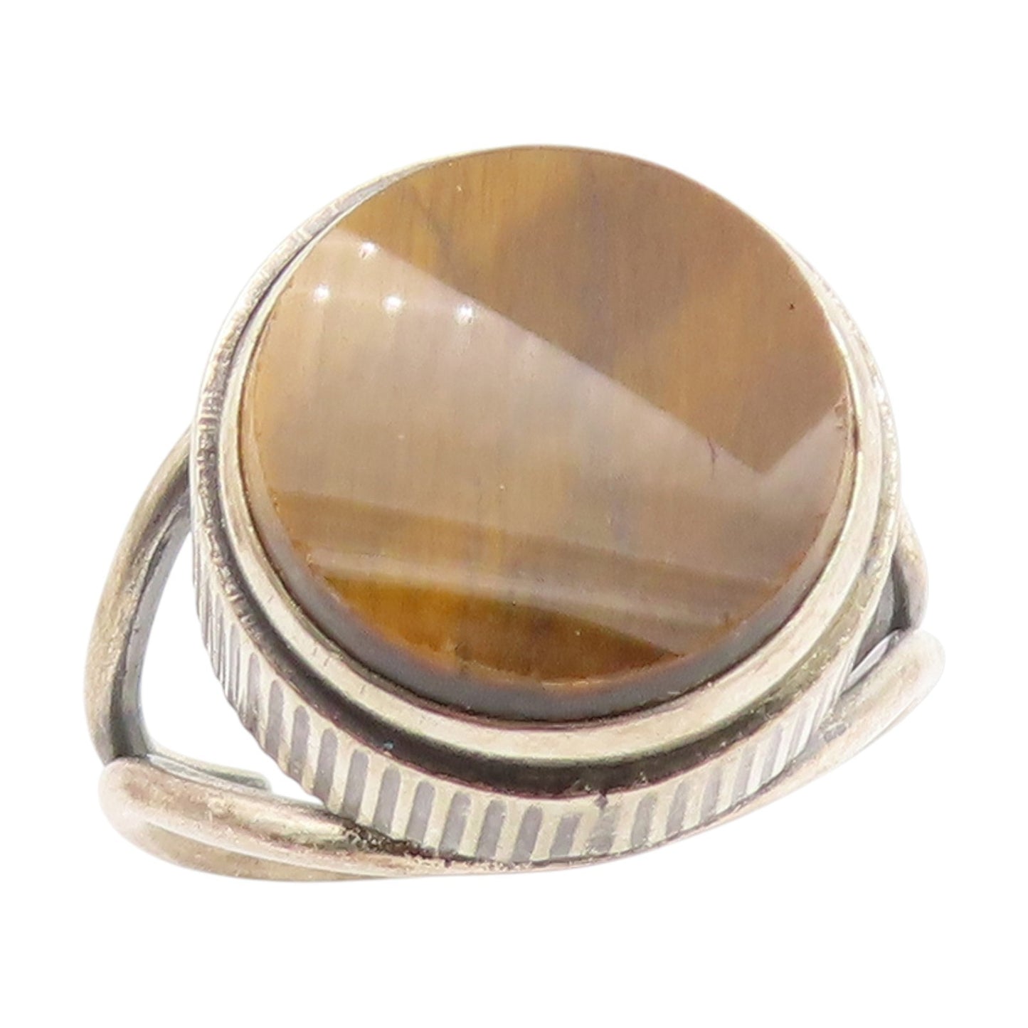 925 Sterling Silver Vintage Ring Round Tiger's Eye Modernist Band Sz 7.5 RG34669