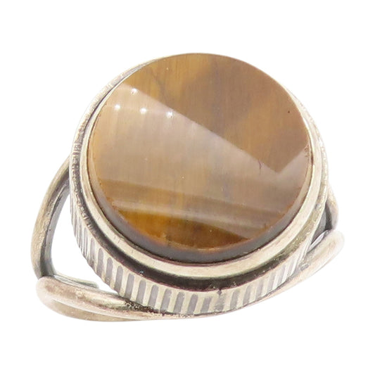 925 Sterling Silver Vintage Ring Round Tiger's Eye Modernist Band Sz 7.5 RG34669