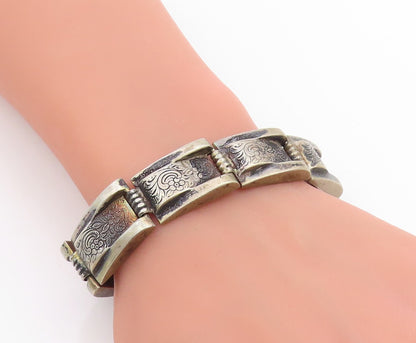 925 Sterling Silver Vintage Bracelet Dark Tone Engraved Floral Panels  BT11417