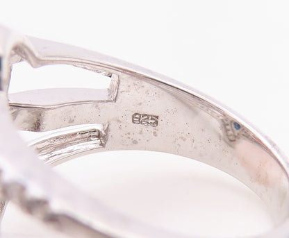 925 Sterling Silver Vintage Ring Modernist Floral Cut Sapphire & CZ Sz 7 RG30134