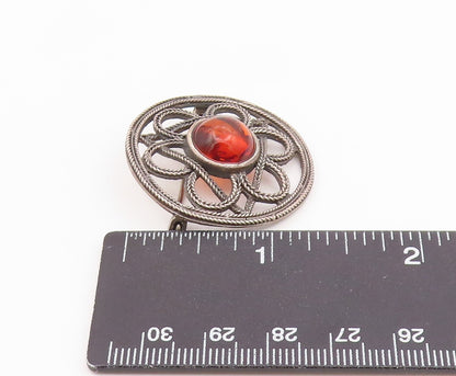 925 Sterling Silver  Vintage Cabochon Amber Wheat Floral Brooch Pin  BP4831