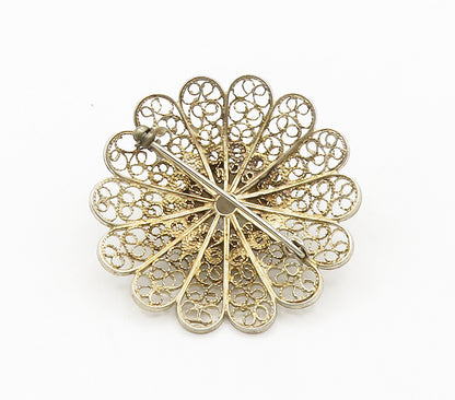 925 Sterling Silver  Vintage Antique Filigree Flower Motif Brooch Pin  BP6205
