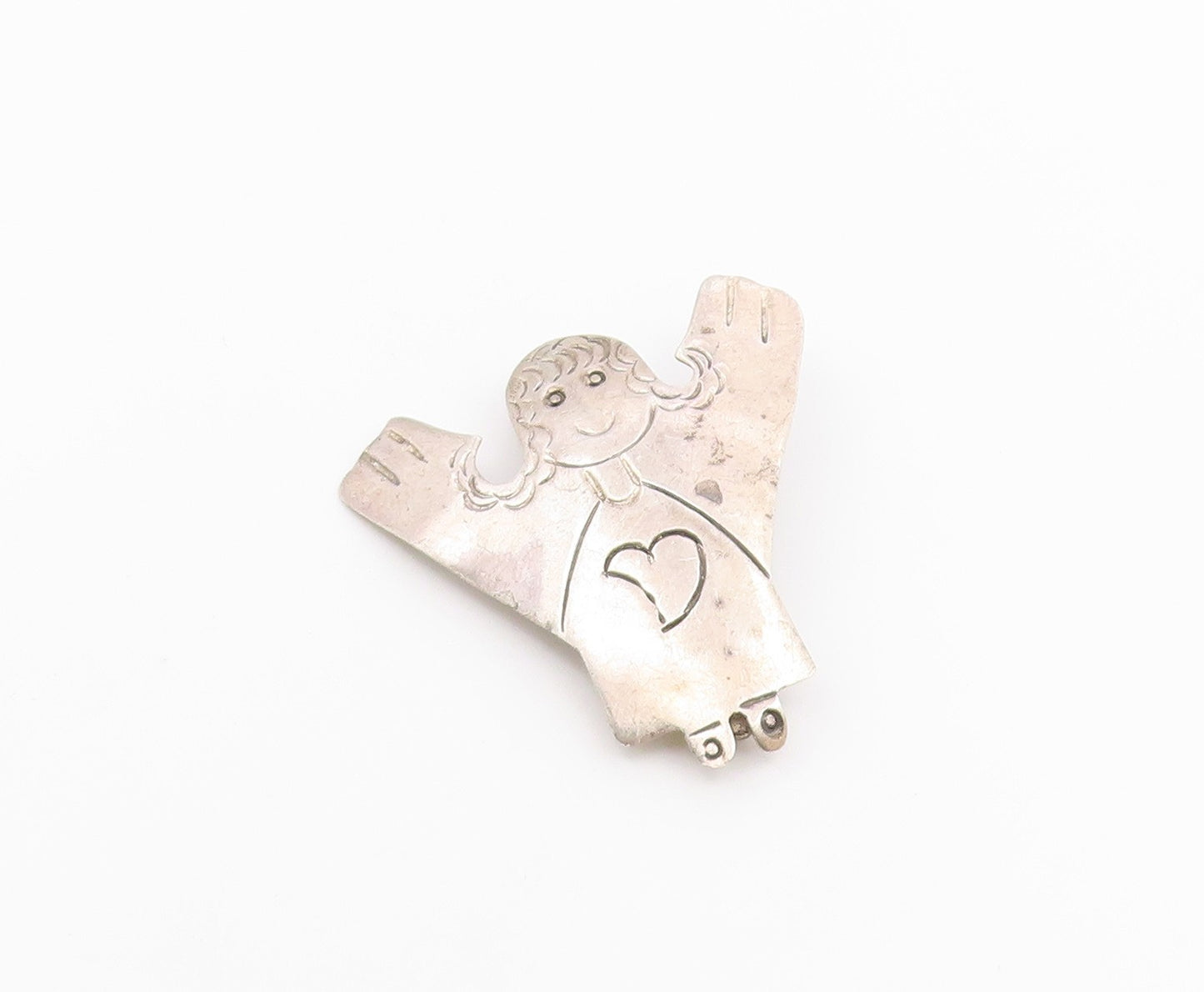 MEXICO 925 Silver  Vintage Etched Love Heart Angel Woman Brooch Pin  BP4277
