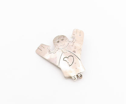 MEXICO 925 Silver  Vintage Etched Love Heart Angel Woman Brooch Pin  BP4277