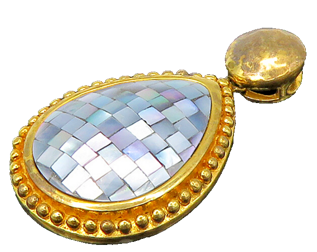 925 Sterling Silver  Vintage Mother Of Pearl Mosaic Tear Drop Pendant  PT17264