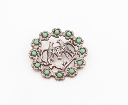 925 Sterling Silver Vintage Brooch Pin MEXICO Turquoise Lovebirds Flower BP12229