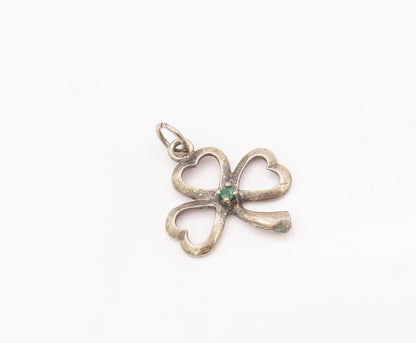925 Sterling Silver Vintage Pendant Mini Emerald Beaded Cutout Clover  PT23072