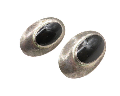 925 Sterling Silver  Vintage Black Onyx Oval Dark Tone Drop Earrings  EG6942