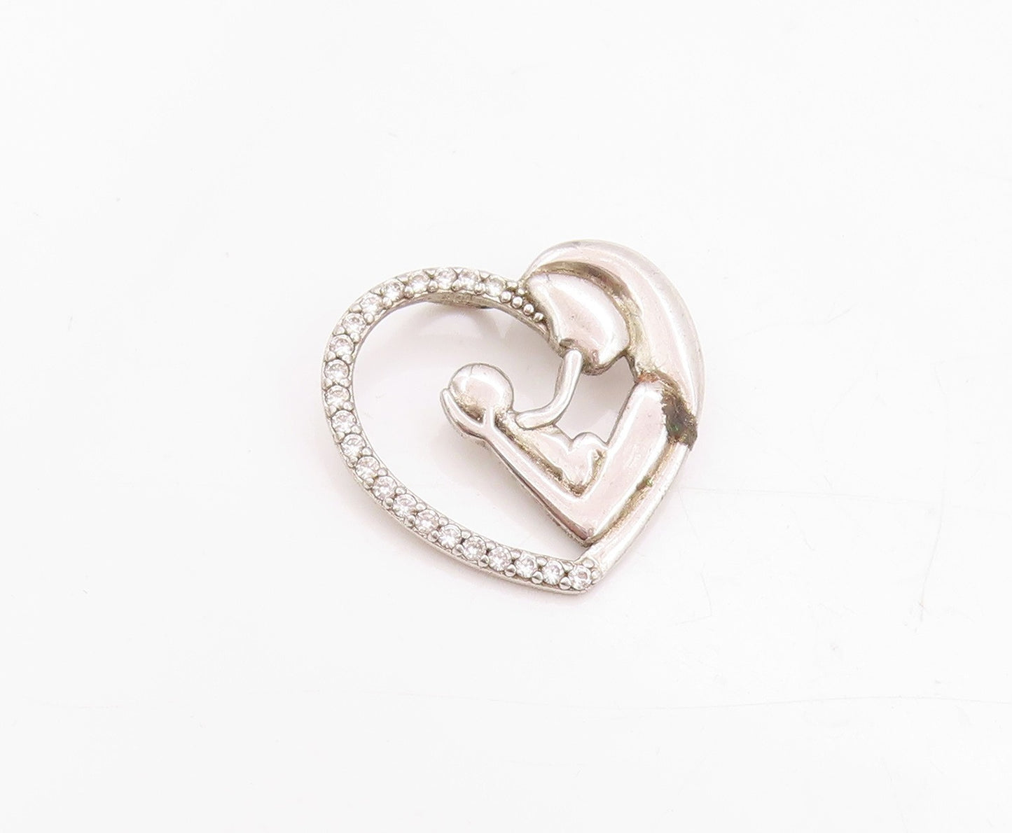 925 Sterling Silver Vintage Pendant CZ Heart Outline Motherhood Charm  PT24753