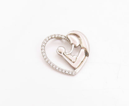 925 Sterling Silver Vintage Pendant CZ Heart Outline Motherhood Charm  PT24753