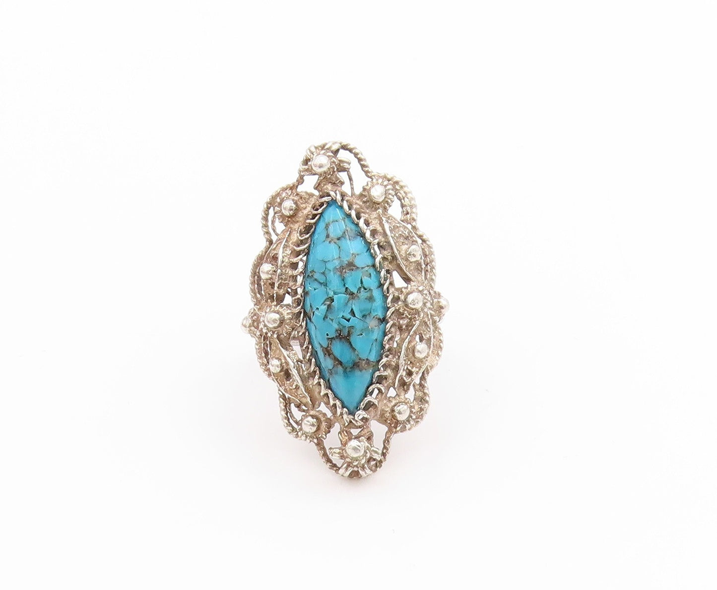 925 Sterling Silver Vintage Ring Turquoise Twisted Floral Cutout  Sz 6  RG33436