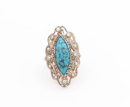 925 Sterling Silver Vintage Ring Turquoise Twisted Floral Cutout  Sz 6  RG33436