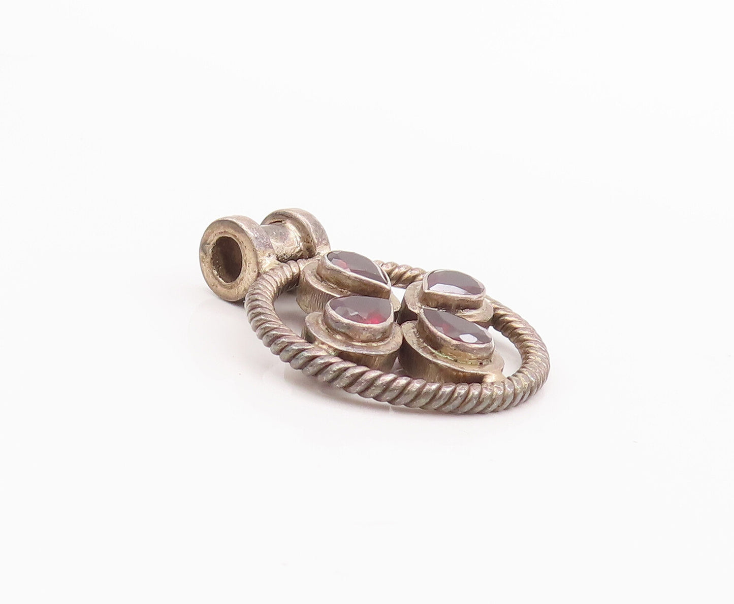 925 Sterling Silver Vintage Pendant Roped Border Drop Cut Garnet  PT22885
