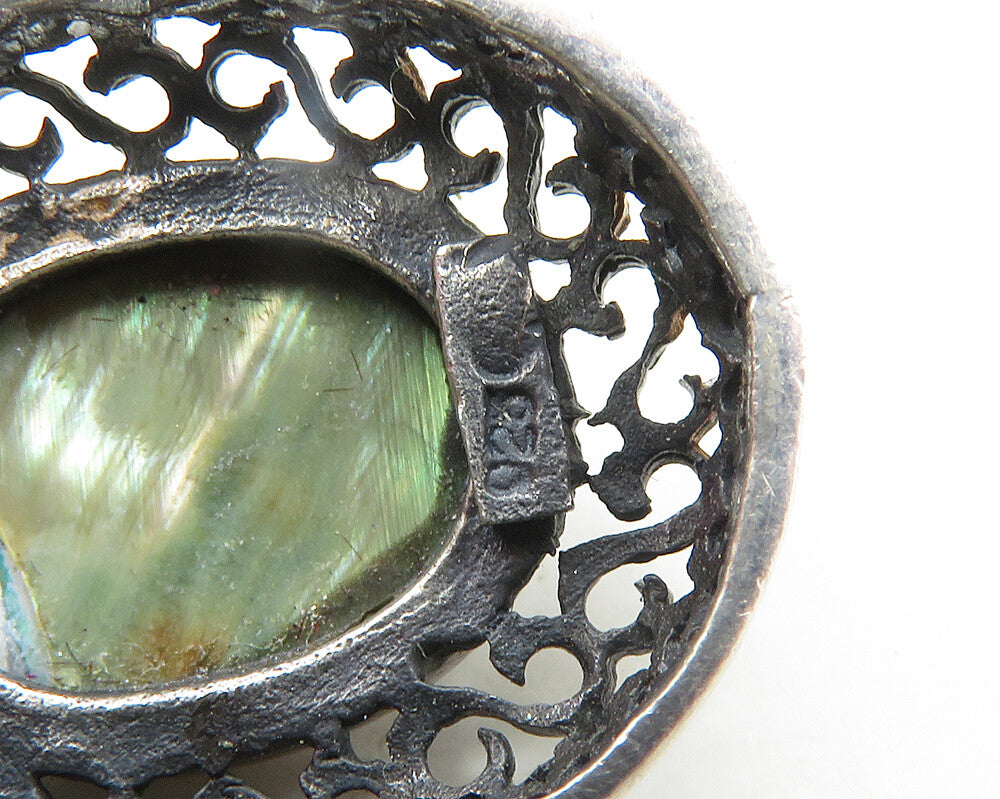 925 Sterling Silver  Vintage Abalone Shell Oval Swirl Border Pendant  PT15032