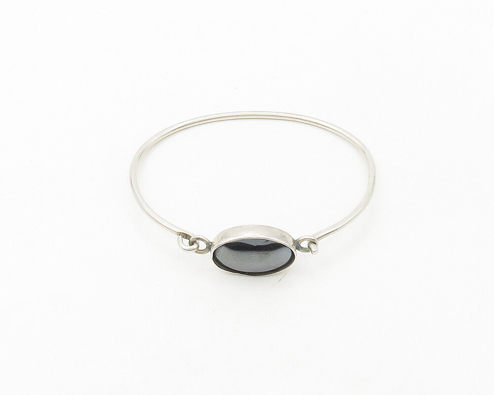 MEXICO 925 Silver  Vintage Cabochon Cut Hematite Hook Bangle Bracelet  BT6878