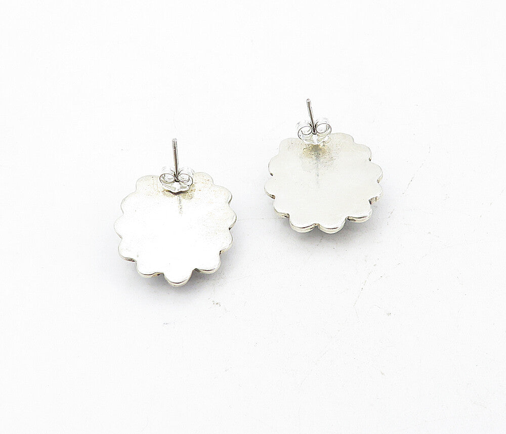 NAVAJO 925 Sterling Silver  Vintage Carved Jasper Floral Drop Earrings  EG4179