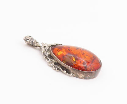 925 Sterling Silver Vintage Pendant POLAND Teardrop Amber Grape & Leaf  PT26034