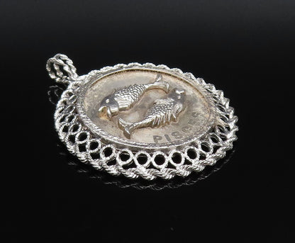 925 Sterling Silver  Vintage Openwork Pisces Fish Astrology Pendant  PT21852