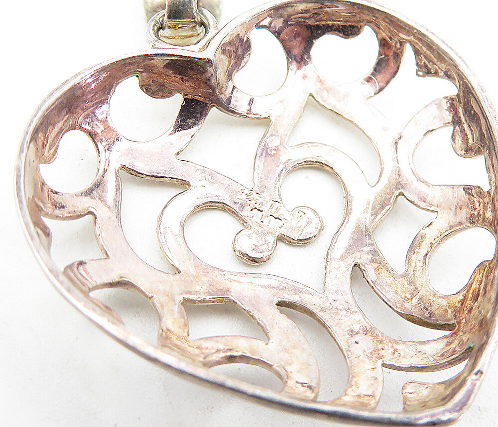 925 Sterling Silver  Vintage Dark Tone Open Swirl Love Heart Pendant  PT3415
