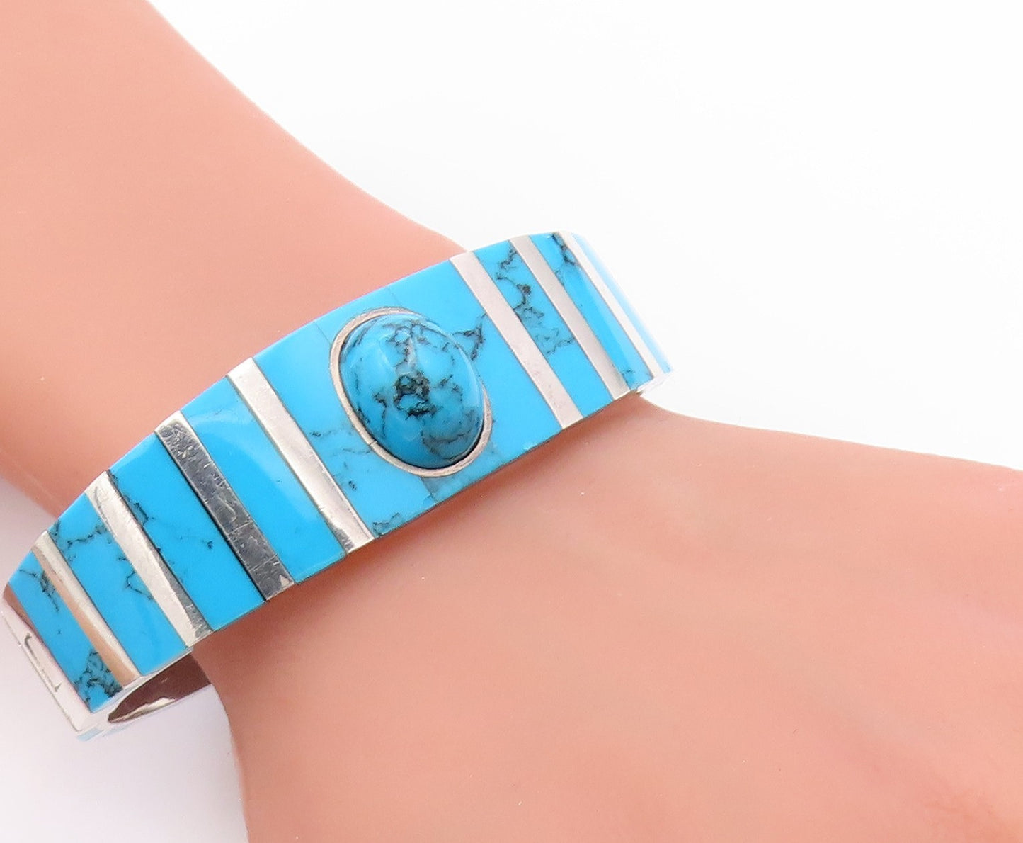 925 Sterling Silver Vintage Bracelet MEXICO Turquoise Inlay Bangle  BT11775