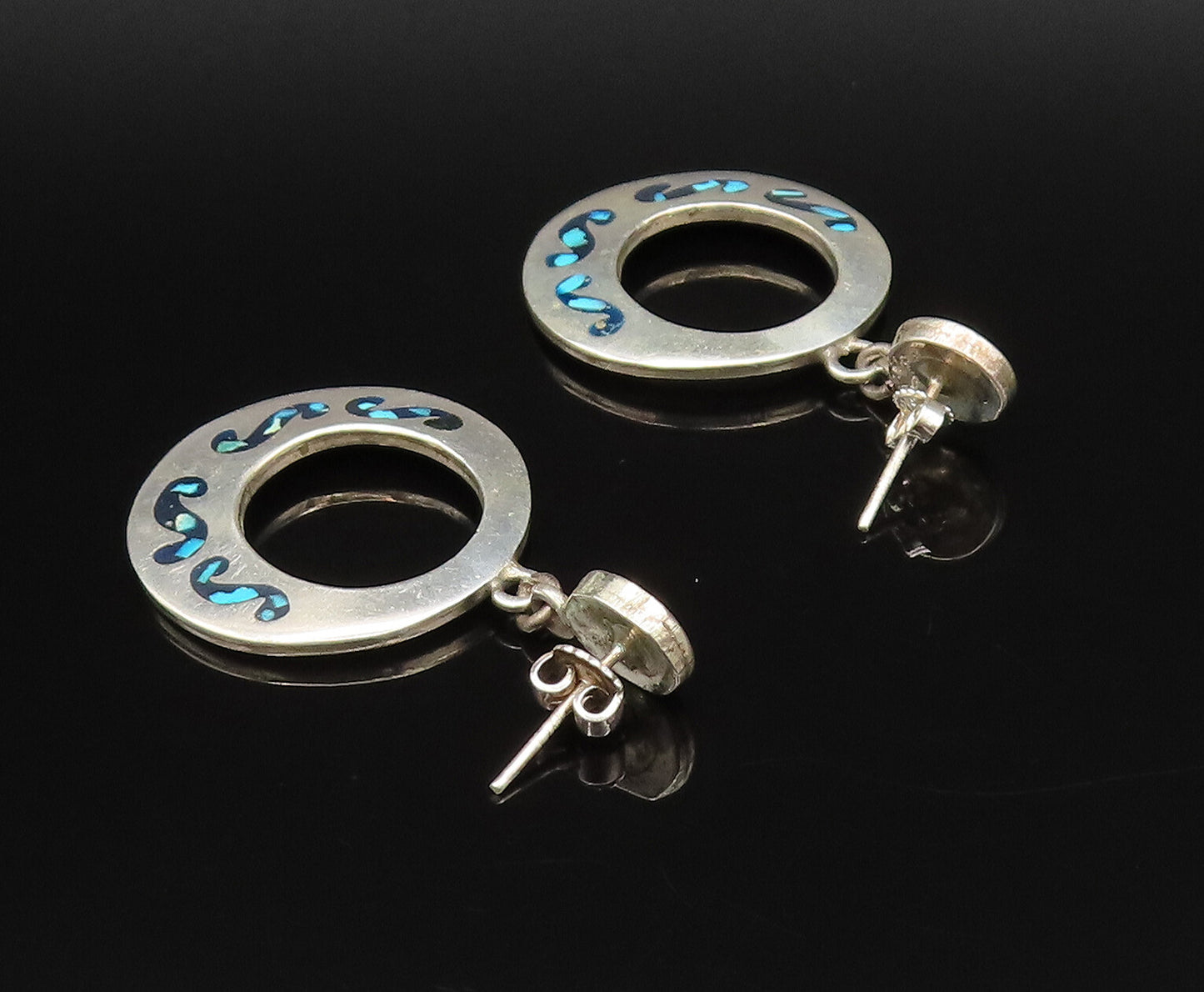 MEXICO 925 Sterling Silver Vintage Turquoise & Onyx Open Circle Earrings EG12250