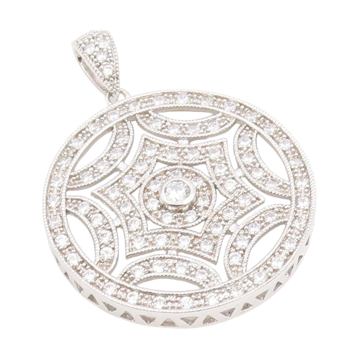 925 Sterling Silver Vintage Pendant CZ Openwork Geometric Medallion  PT25874