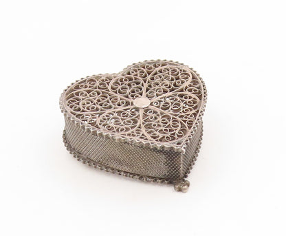 925 Sterling Silver Vintage Trinket Box Antique Love Heart Filigree OPENS TR4197