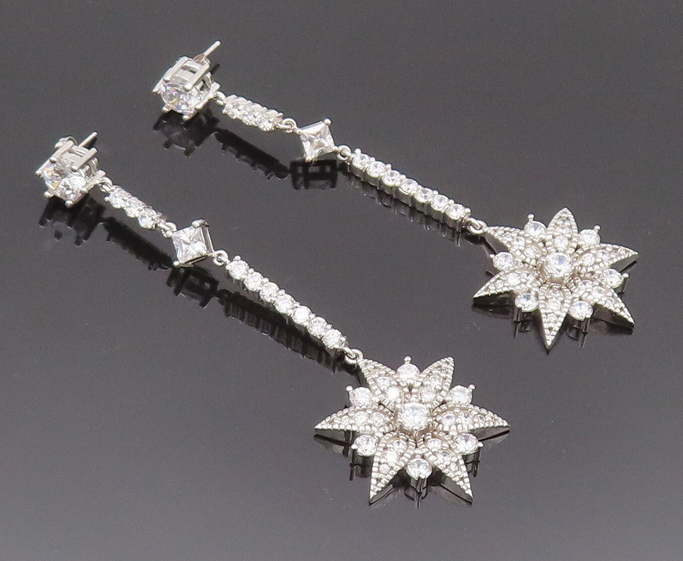 925 Sterling Silver Vintage Earrings Sparkling Long Drop Topaz Flower  EG12897