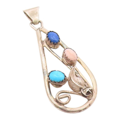 BERNICE BONNEY NAVAJO 925 Silver Vintage Multi Stone Floral Pendant PT16767