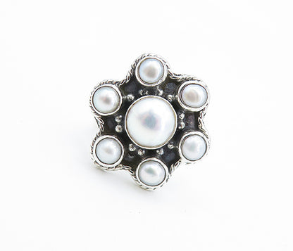 925 Sterling Silver  Freshwater Pearl Floral Twist Cocktail Ring Sz 6.5 RG7938