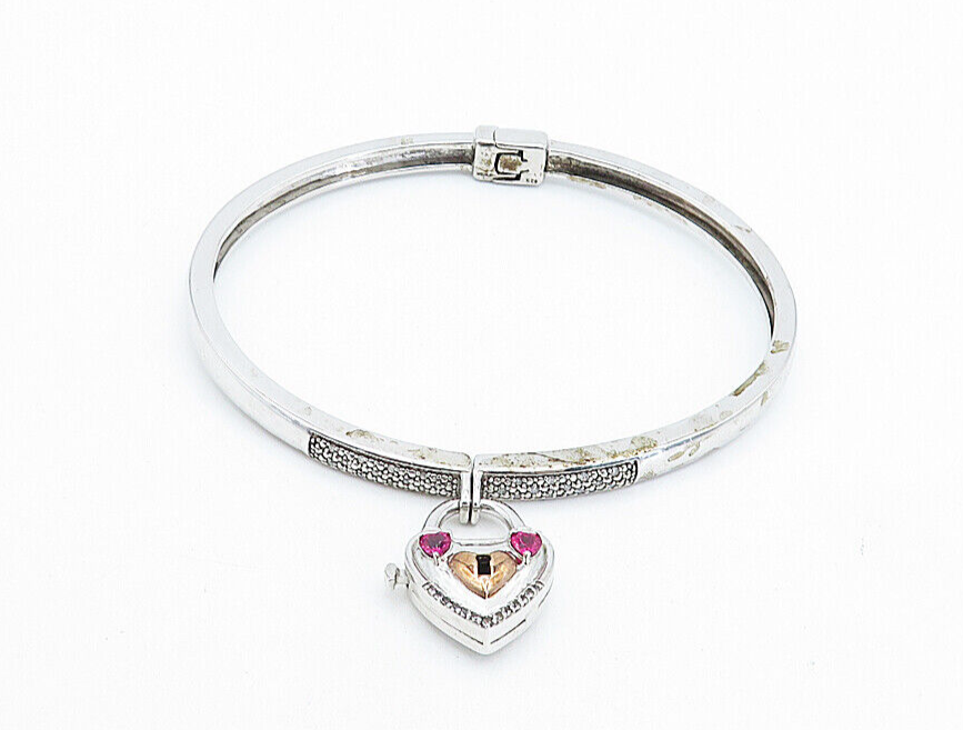 925 Silver  Ruby & Genuine Diamonds Padlock Charm Bangle Bracelet  BT3018