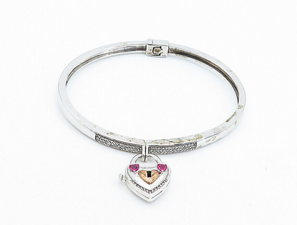 925 Silver  Ruby & Genuine Diamonds Padlock Charm Bangle Bracelet  BT3018